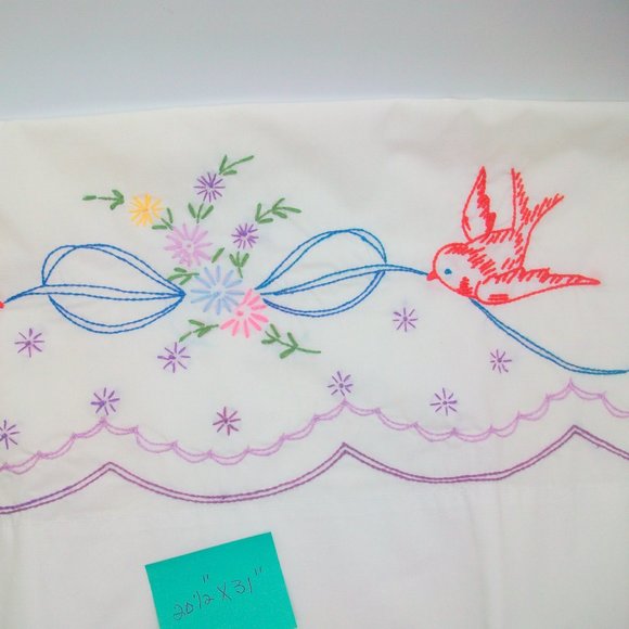 Vintage Embroidered Birds Floral Bouquet Pillowcase Queen Size - Picture 3 of 5